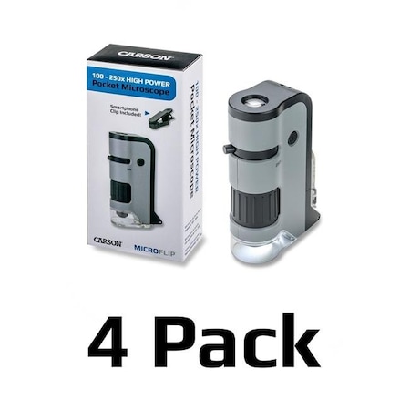 Marson Carson MP-250MU MicroFlip 100x-250x LED & UV Lighted Pocket Microscope with Flip Down Slide Base & Smartphone Digiscoping Clip; Gray - Set of 4 MP-250MU